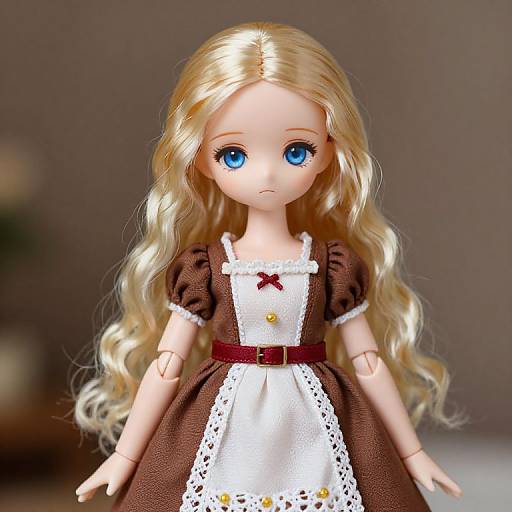 Photograph of a blonde-haired doll with blue eyes, wearing a brown puffed-sleeve dress with white lace trim and apron, brown belt