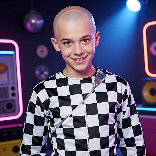 Photograph of a bald, smiling boy with fair skin, wearing a black-and-white checkered shirt, in a neon-lit, retro arcade background