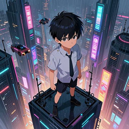 Anime-style digital artwork of a young boy with black hair, wearing a white shirt, black tie, and shorts, standing on a futuristic rooftop in a