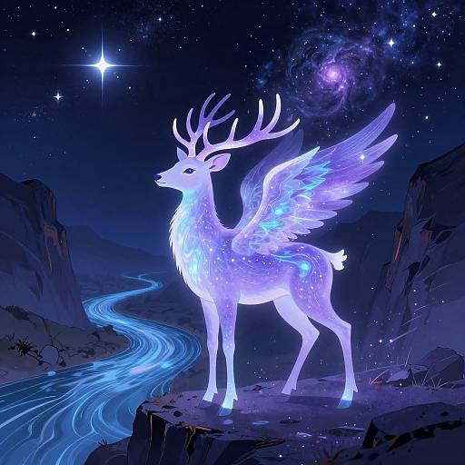 Glowing, ethereal, white deer with wings stands on a cliff by a blue, winding stream under a starry, galaxy-filled night sky