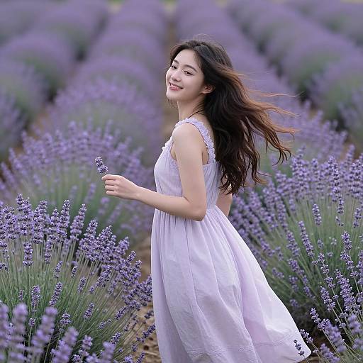 Young woman with long brown hair in a white sleeveless dress, smiling in lavender field, purple flowers filling the background. Photograph.
