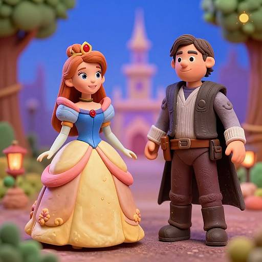 Photorealistic CGI of Disney's Princess Aurora in blue gown and crown, white gloves, and long yellow skirt, standing with dark-haired male character in