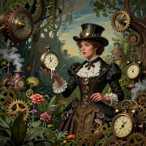 Steampunk Victorian woman in black dress and top hat, surrounded by gears, clocks, and colorful flowers in a lush forest. Digital art.