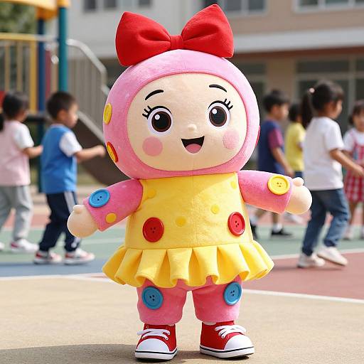 Photograph of a cheerful, cartoon-style pink and yellow plush doll with a red bow, colorful buttons, and yellow skirt, standing outdoors on a playground