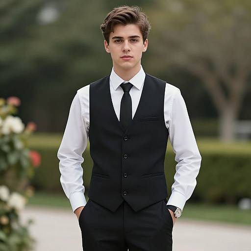Photograph of a young, Caucasian man with dark brown hair, wearing a black vest, white shirt, black tie, and black pants, standing outdoors