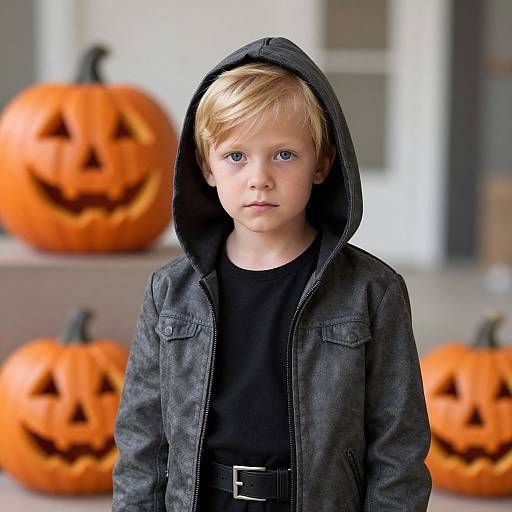 Photograph of a blonde, blue-eyed boy with fair skin, wearing a black hoodie and dark jacket, standing in front of carved Halloween pumpkins.