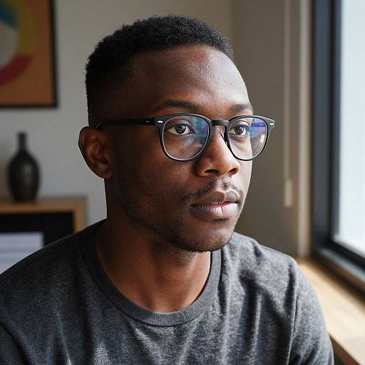 Photograph of an African-American man with short, curly hair, wearing black-framed glasses and a gray sweater, sitting near a window. Background includes