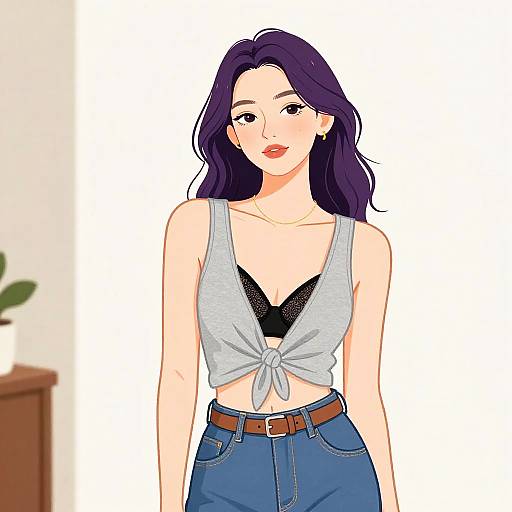Digital illustration of a fair-skinned woman with purple hair, wearing a tied gray tank top revealing a black lace bra, high-waisted blue jeans