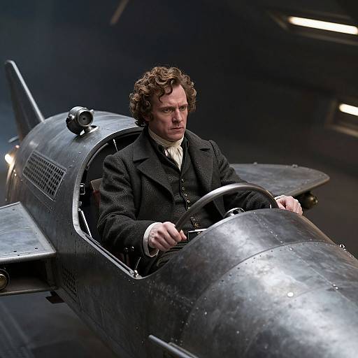 Photograph of a curly-haired man in a black coat, piloting a vintage, metallic aircraft with a serious expression, in a dimly lit,
