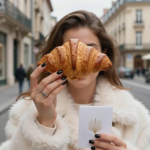 Woman Holding Croissant in Urban Setting