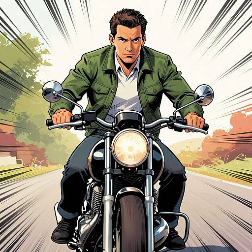 Comic-style drawing of a determined, dark-haired man in a green jacket riding a motorcycle down a speeding road, intense expression, bright background with trees and