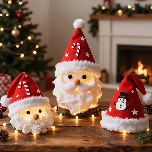 Photograph of three festive, glowing Santa Claus candle decorations in red hats with white trim, on a wooden table beside a lit fireplace and Christmas tree.