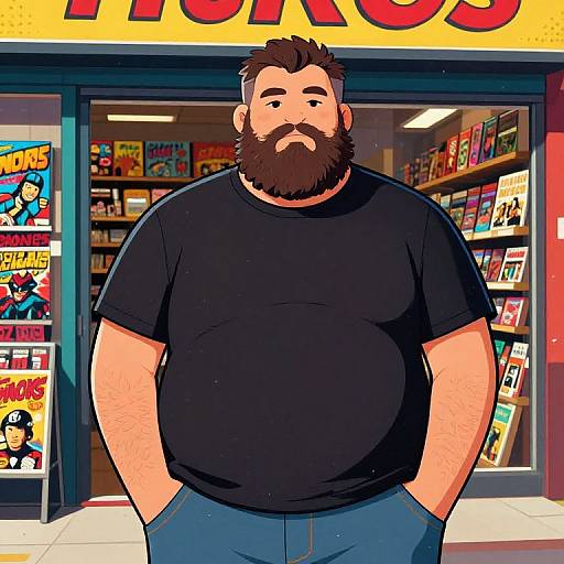 Digital cartoon of a bearded, chubby man in a black t-shirt, standing in front of a colorful comic book store.