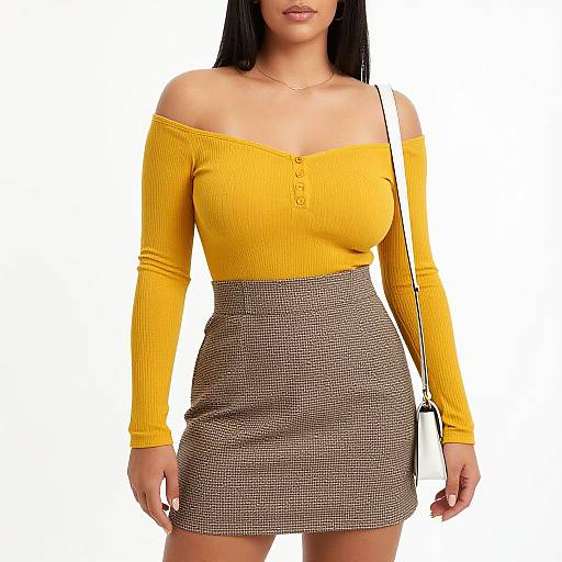 Photograph of a woman with long black hair, wearing a yellow off-shoulder ribbed top and brown houndstooth mini-skirt,