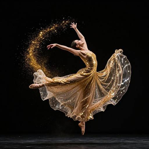 Photograph of a ballerina in a shimmering gold dress, mid-air leap, creating a trail of sparkling gold particles against a black background.