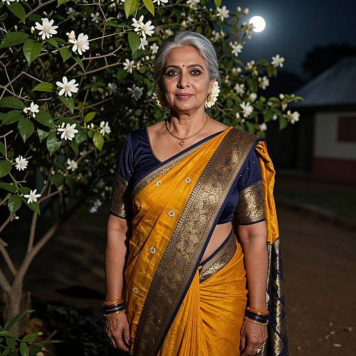 Photograph of an elderly Indian woman with gray hair, wearing a yellow and gold sari with blue blouse, standing in front of a blooming tree