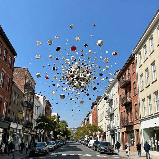 Photograph of a city street with colorful, floating circular objects suspended mid-air, surrounded by red, beige, and white buildings. Bright blue sky,