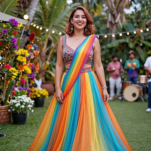 Joyful Woman in Rainbow Lehenga Celebration