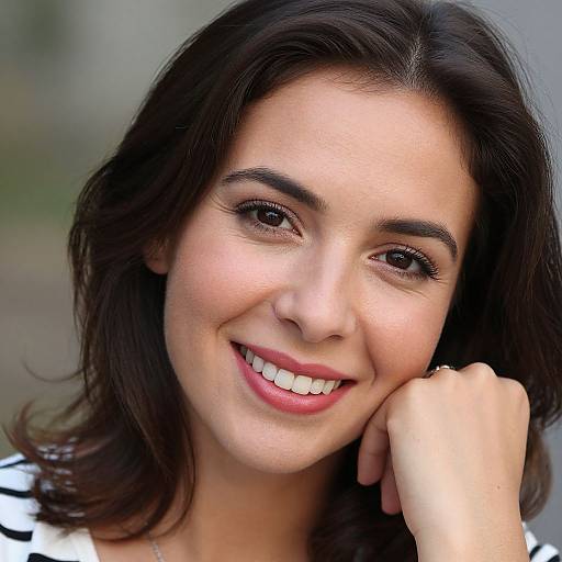 Photograph of a smiling young woman with medium skin tone, dark brown hair, and brown eyes, resting her chin on her hand. She wears a