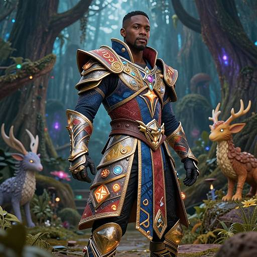 Digital artwork of a muscular Black man in elaborate, colorful fantasy armor, standing in a mystical forest with glowing lights and mythical deer.