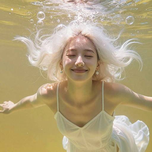Underwater photograph of a smiling young woman with white hair, wearing a white, sheer dress, surrounded by bubbles, eyes closed, arms outstretched