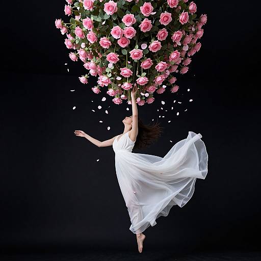 Photograph: Elegant woman in flowing white dress reaches up, floating amidst a cascade of pink roses against a black background.