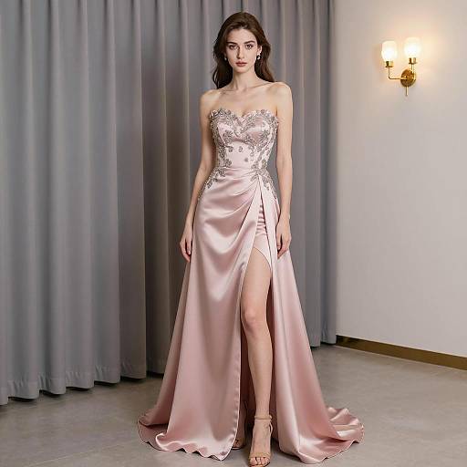 Woman in Strapless Pink Satin Evening Gown