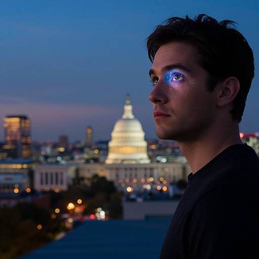 Photograph of a young man with glowing blue eyes, dark short hair, and black shirt, gazing at illuminated Capitol dome at twilight. Urban city