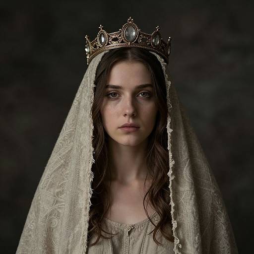 Photograph of a young woman with long brown hair, wearing a gold crown and an intricately patterned white veil, against a dark background. Serious