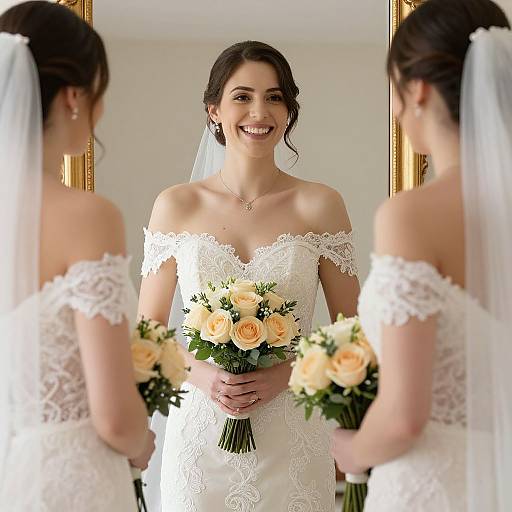 Photograph of a smiling bride in a lace off-shoulder wedding dress, holding a bouquet of white and peach roses, standing in front of a