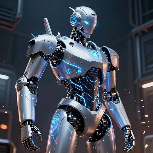 Photorealistic CGI of a futuristic, silver robotic humanoid with glowing blue accents, standing in a dark, industrial setting with scattered sparks.