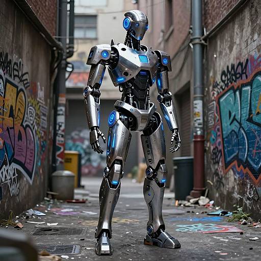 Photorealistic CGI of a futuristic, silver and blue robotic humanoid standing in a graffiti-covered, urban alley with trash scattered on the ground.