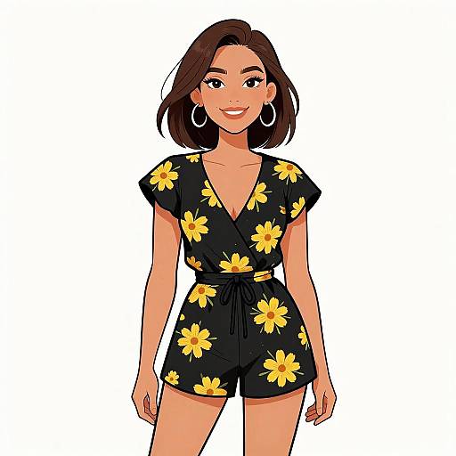 Smiling Woman in Floral Black Romper