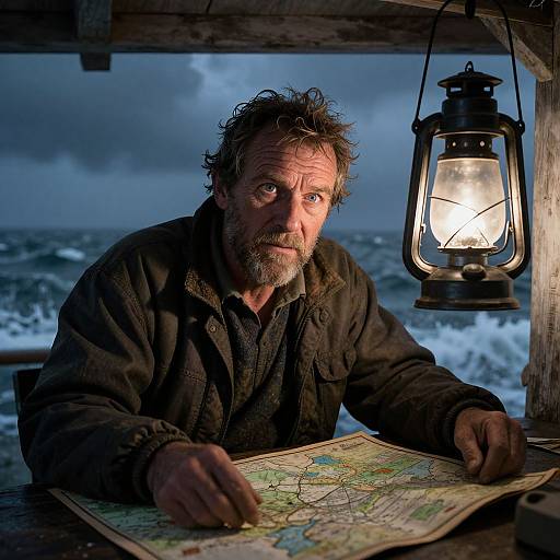 Photograph of a rugged, middle-aged man with curly hair and beard, studying a map under a glowing lantern, against a stormy sea background.