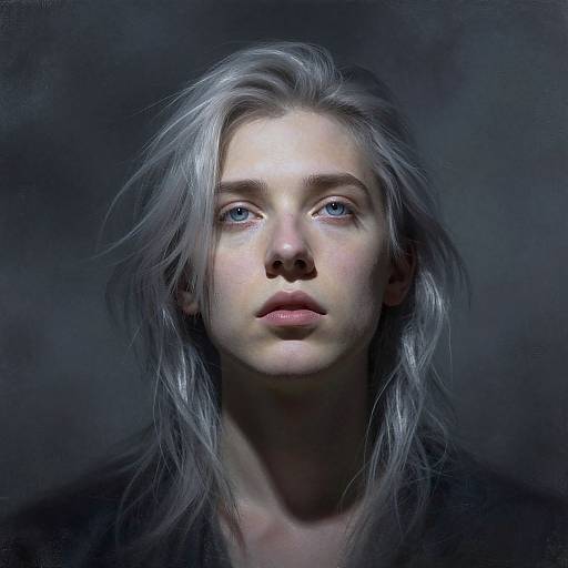 Photorealistic digital portrait of a young woman with long, silver hair, blue eyes, and pale skin, set against a dark, blurred background.
