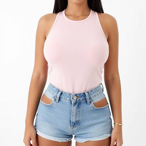 Photograph of a woman with long black hair wearing a white sleeveless tank top and light blue high-waisted denim shorts with cut-out sides,