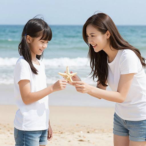 Photograph of a smiling Asian woman with long brown hair, wearing a white t-shirt and denim shorts, handing a seashell to her younger daughter