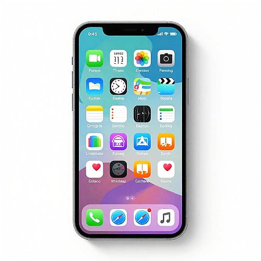 Photograph of a modern iPhone with a black frame, displaying a colorful home screen with various app icons and a digital clock.