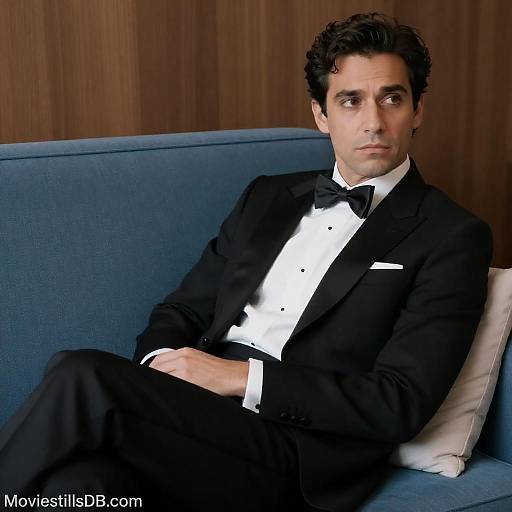 Elegant Man in Tuxedo on Blue Couch