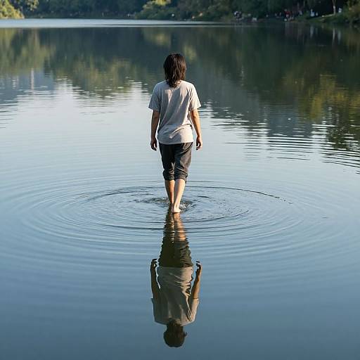 Photograph: Person with short dark hair, wearing a white t-shirt and black shorts, wading in calm lake water, ripples forming around them