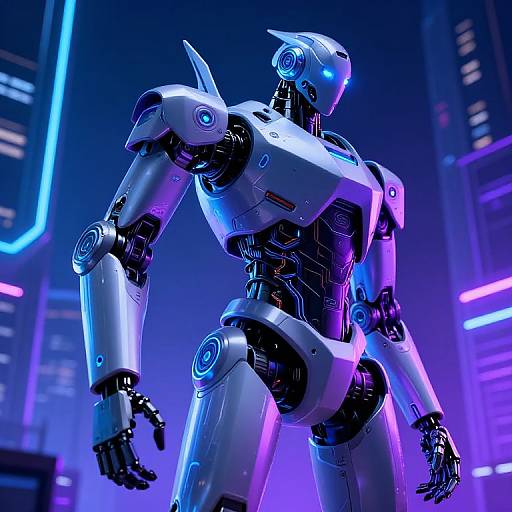 CGI image of a futuristic, silver and blue robotic humanoid with glowing accents, standing in a neon-lit, cyberpunk cityscape.