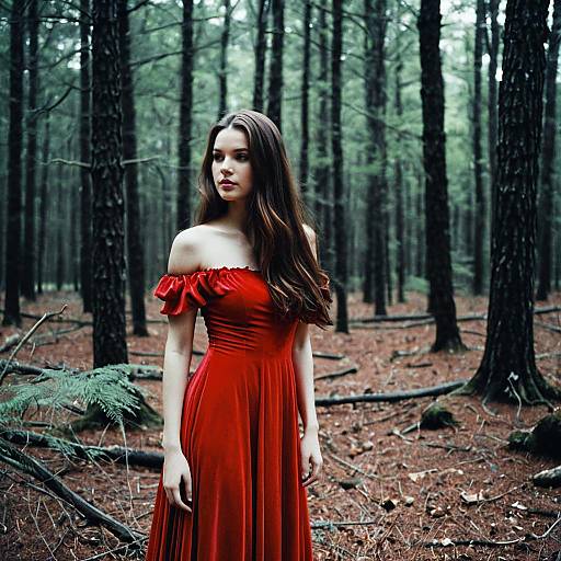 Woman in Red Dress in Forest