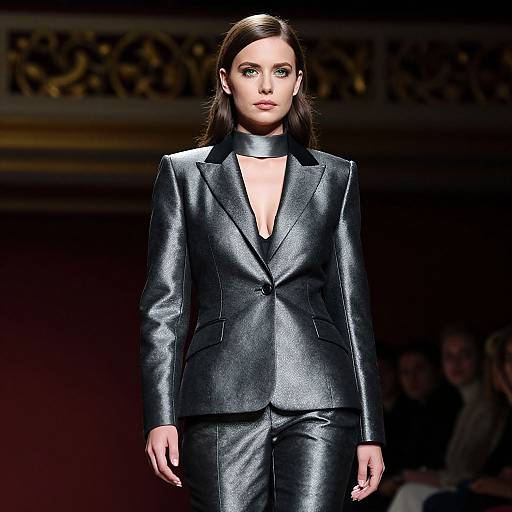 Photograph of a female model with fair skin and dark brown hair, wearing a shiny black leather blazer and matching pants, walking a dimly lit