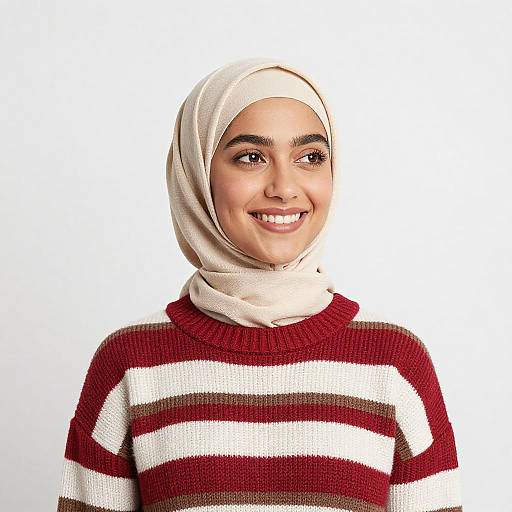 Smiling Woman in Striped Sweater and Hijab