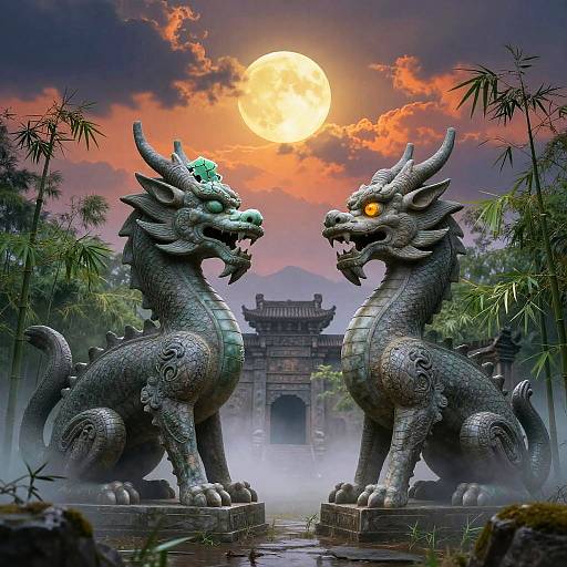 Ancient Stone Dragons in Misty Bamboo