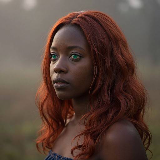Photograph of a dark-skinned woman with vibrant red, wavy hair and striking green eyes, wearing a blue strap top, set against a softly