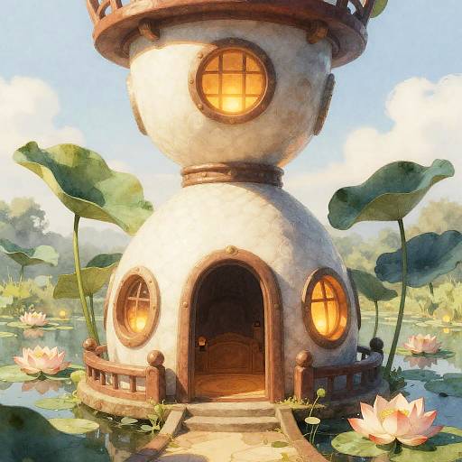Whimsical watercolor painting of a fairy-tale cottage with glowing windows, arched door, and lily pads in a serene pond.
