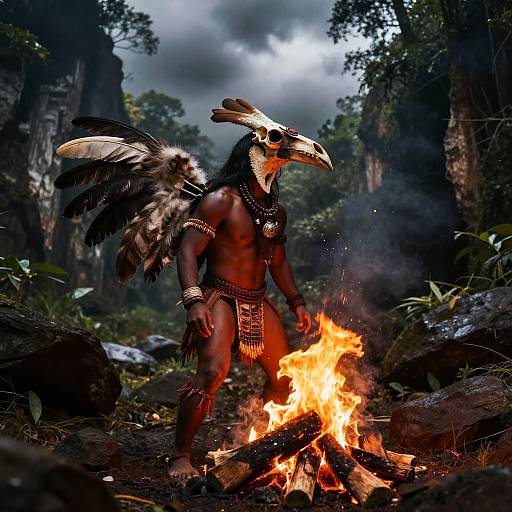 Photograph of a muscular, dark-skinned man with a feathered, bird-like mask, adorned in tribal jewelry and loincloth, standing before