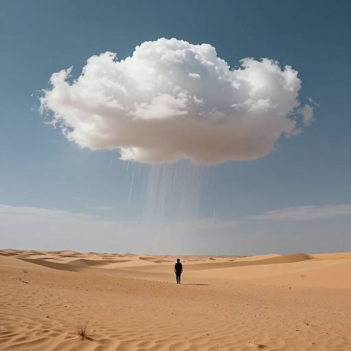 Photograph of a lone figure standing in a vast desert under a large, rain-filled cloud with visible raindrops. Blue sky, sandy dunes,