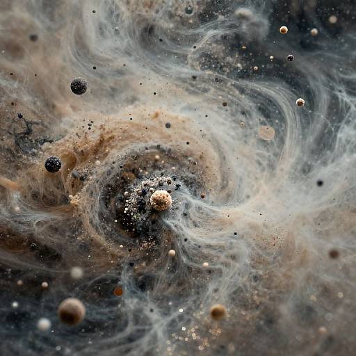 Photorealistic CGI of a swirling cosmic galaxy with ethereal white clouds, dotted with various sized brown and black asteroids.